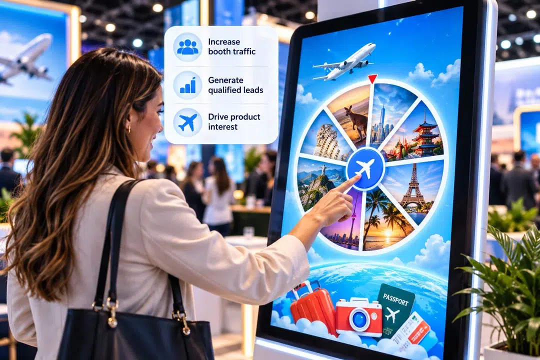 A woman uses an interactive travel prize wheel at a trade show booth