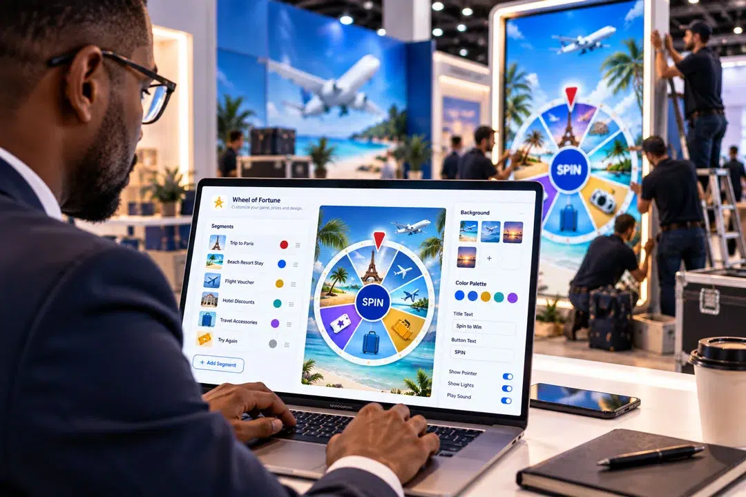 A campaign manager configures a branded travel prize wheel on a laptop