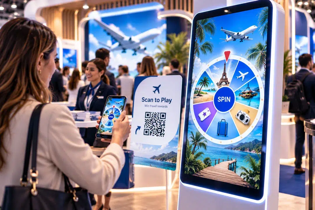 A woman scans a QR code and plays a travel prize wheel beside a large event display