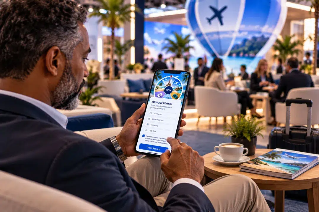 A man completes a permissioned prize entry form on his phone at a trade show lounge