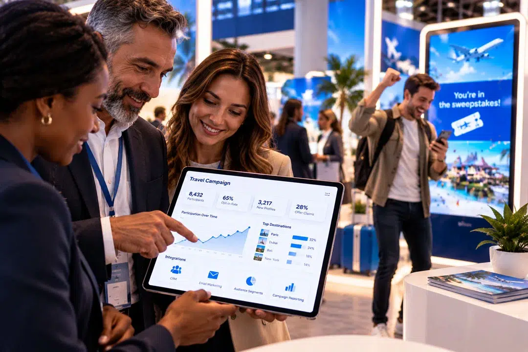 An event team reviews campaign participation and conversion reporting on a tablet