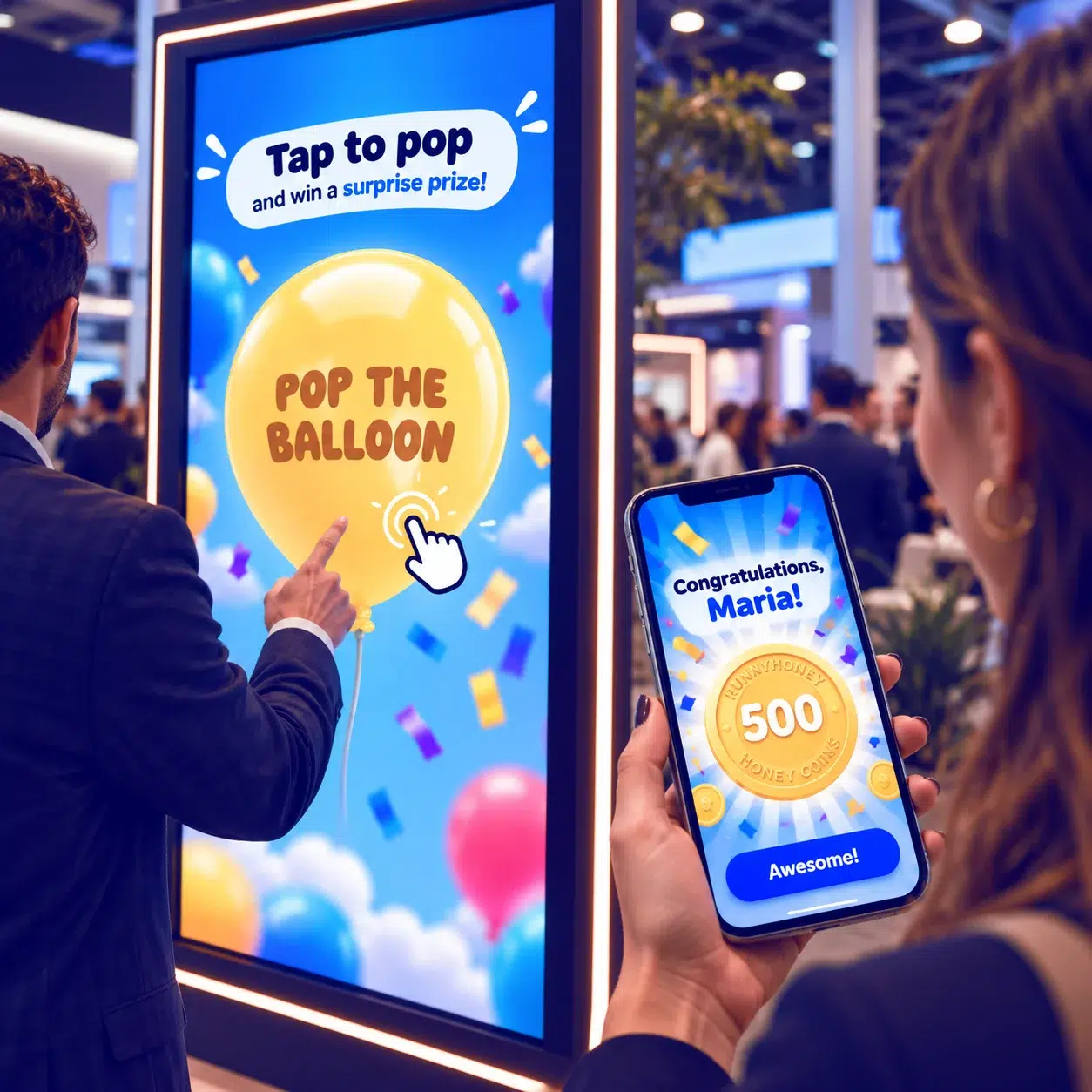 A man taps a balloon-popping game on a trade show display while a woman views her prize reward on a phone