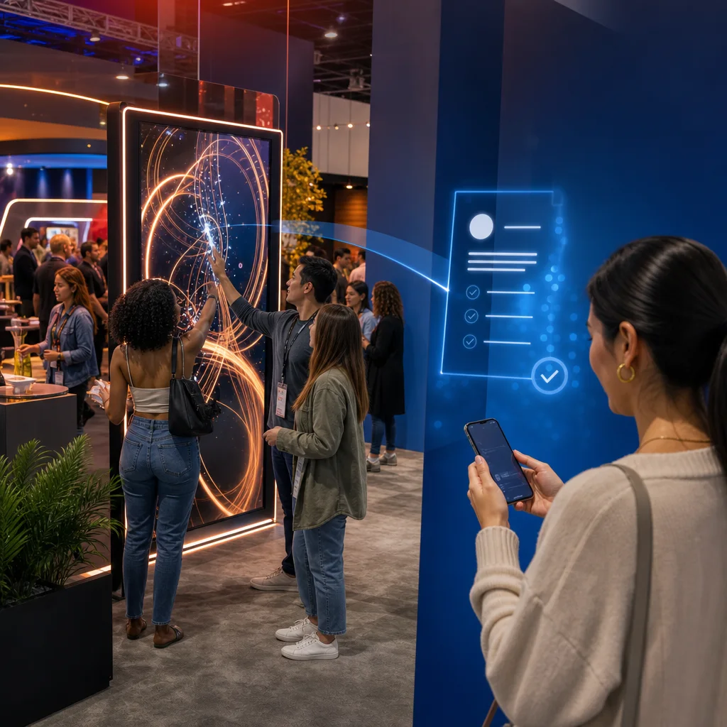 Attendees interact with a large digital brand activation while another participant continues the experience on a phone