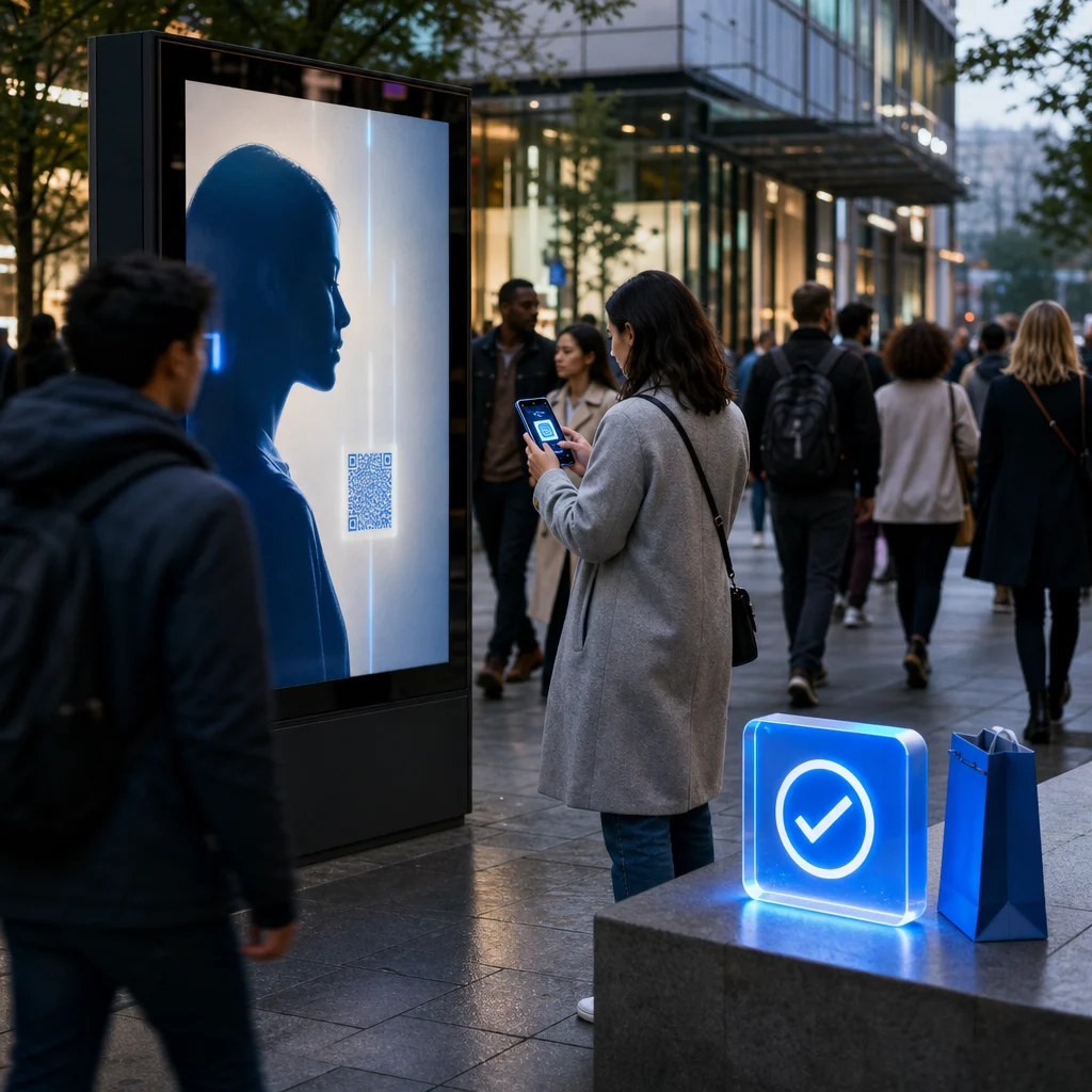 Person scanning a QR code on an outdoor advertising display