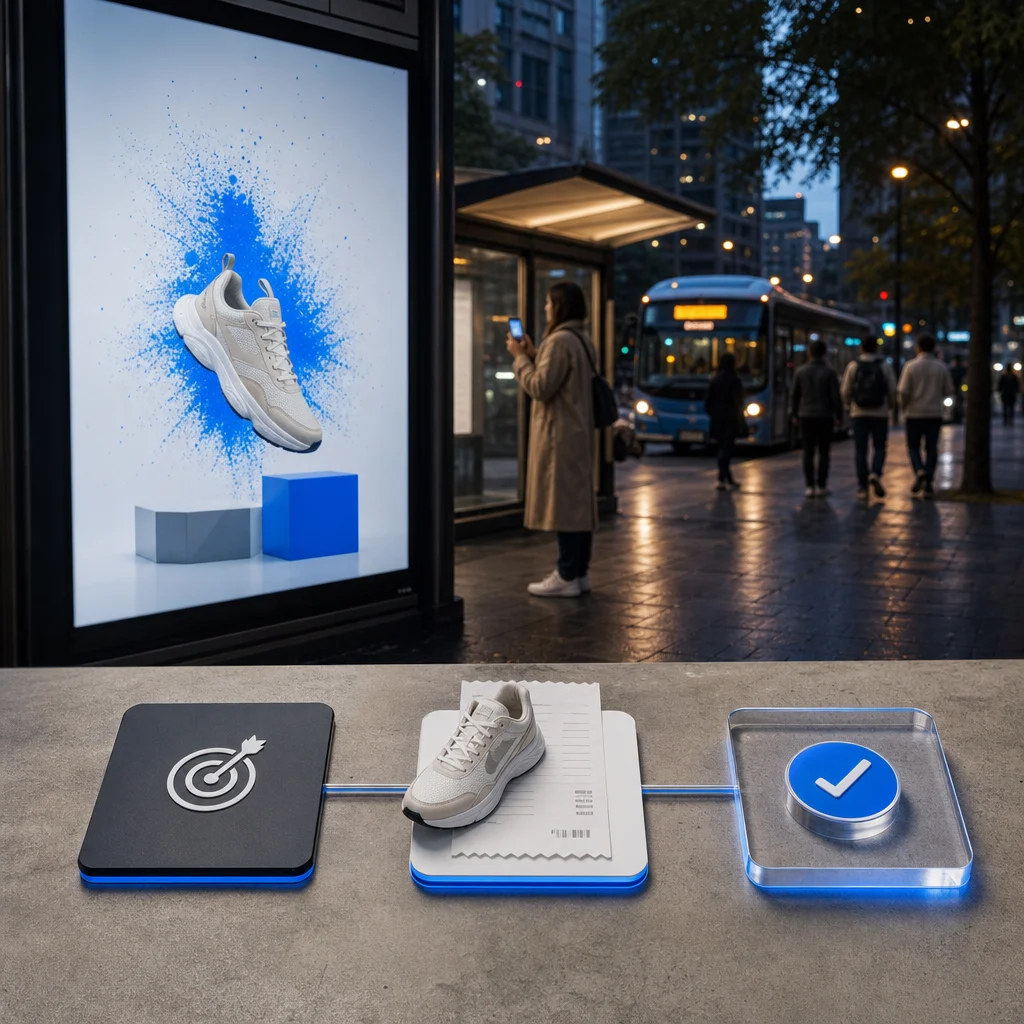 Outdoor campaign purchase journey linking objectives, receipt evidence and verified action