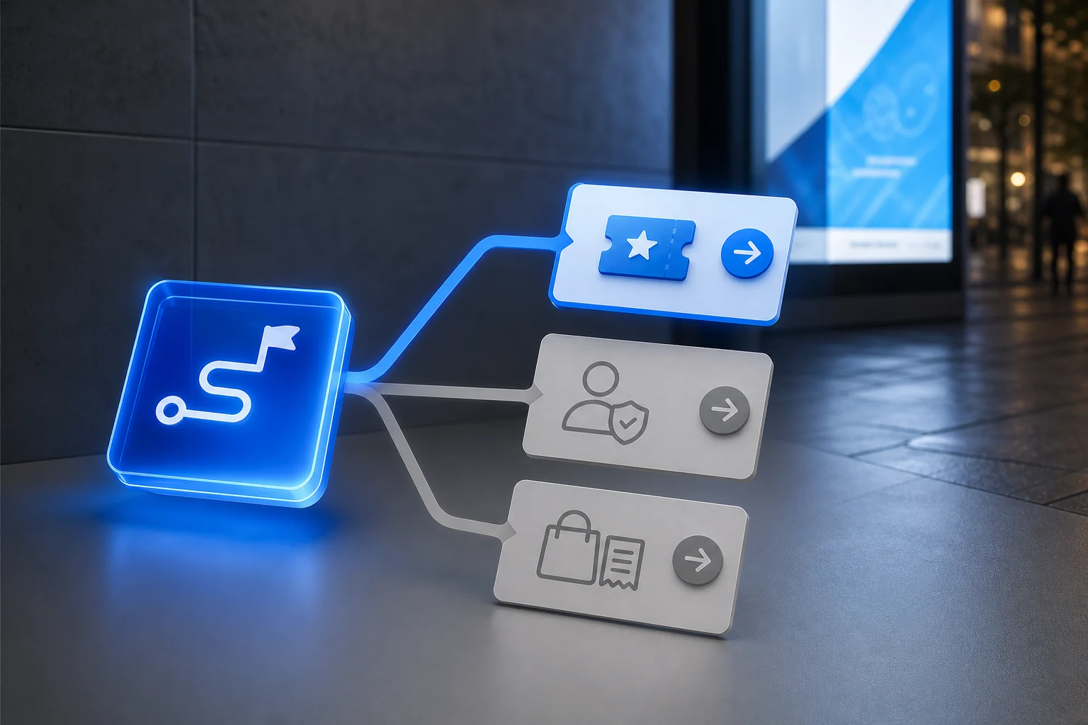 Promotional response journey branching into reward, permission and purchase routes