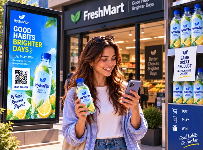 Shopper holding a bottled drink beside an outdoor advertisement and in-store display promoting a purchase-linked reward