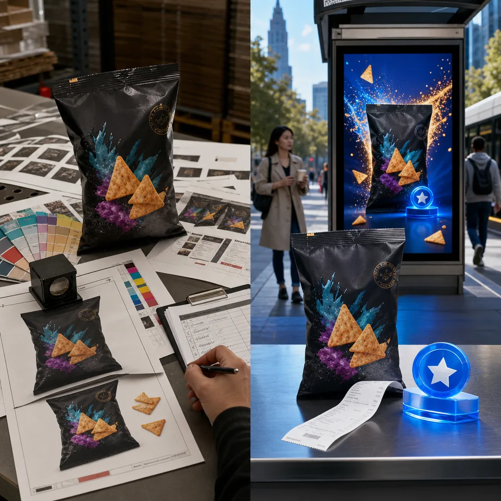 Packaging artwork planning beside an outdoor promotion and verified purchase reward