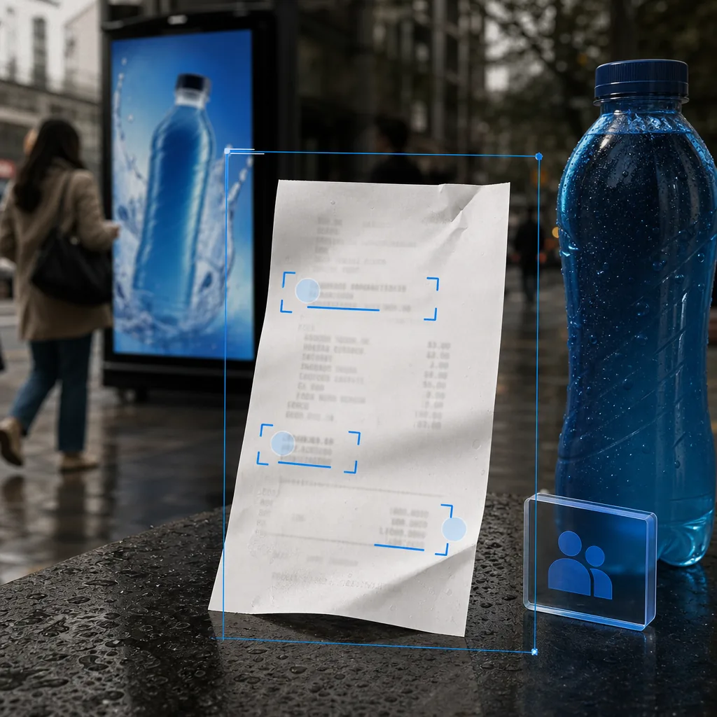 Retail receipt being scanned against purchase conditions beside an outdoor advertisement