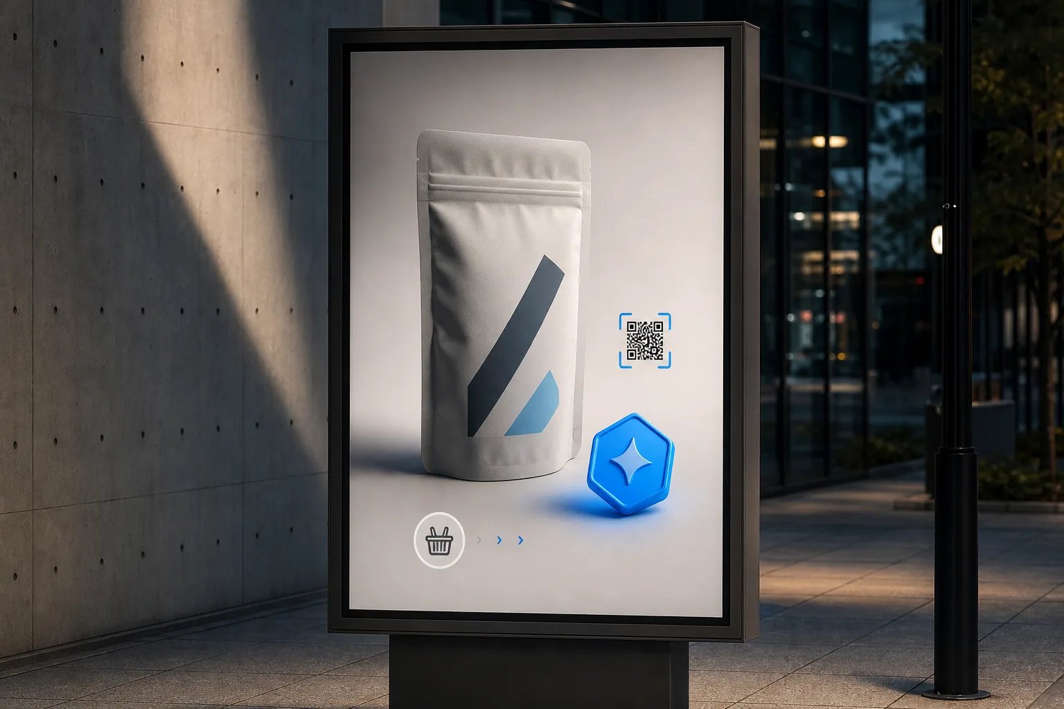 Outdoor advertisement linking a product purchase to a reward