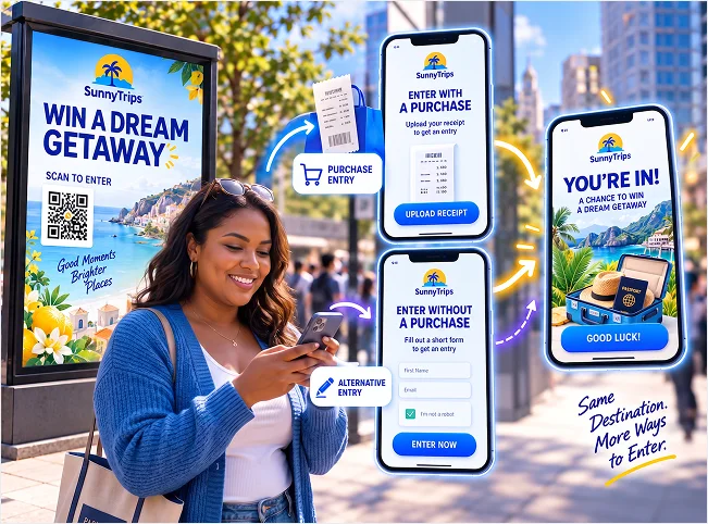 Customer entering an outdoor travel prize promotion through purchase or alternative entry routes