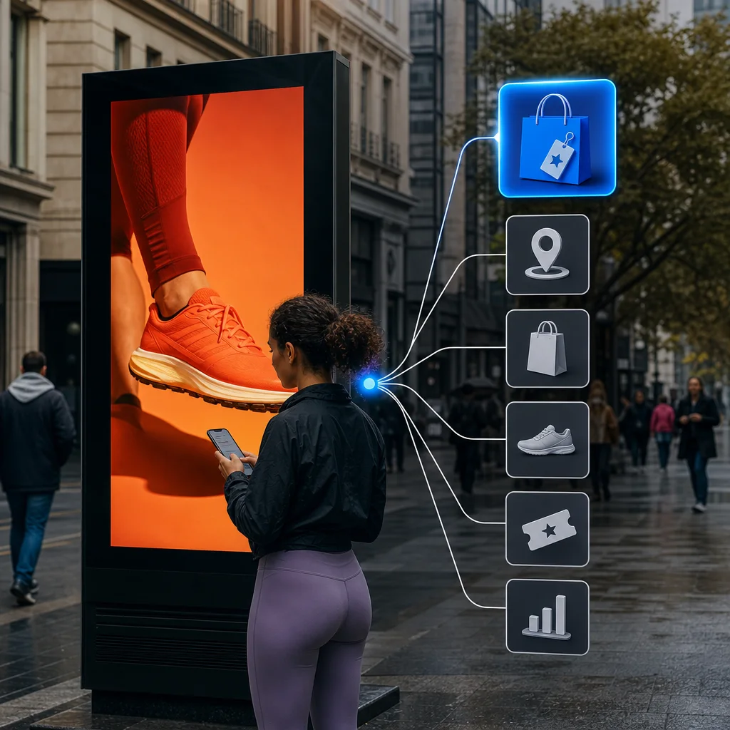 Customer responding to an outdoor advertisement through purchase, location, product, reward and measurement actions