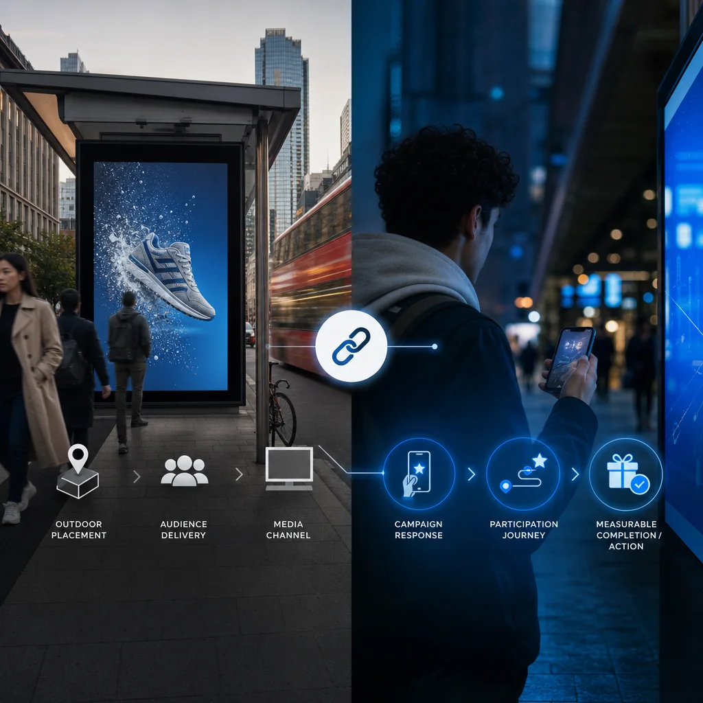 Outdoor media delivery connected to a separate promotional response journey and measurable customer action