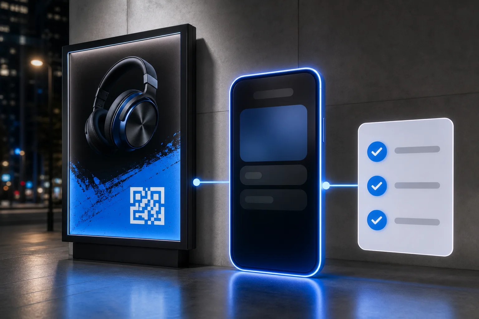 Outdoor advertisement connected to a mobile promotional experience and qualifying steps