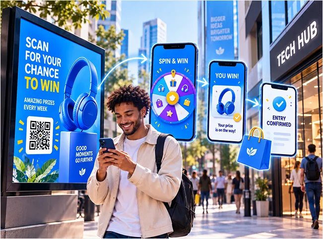 Interactive outdoor promotion journey from QR scan to instant win and confirmed entry