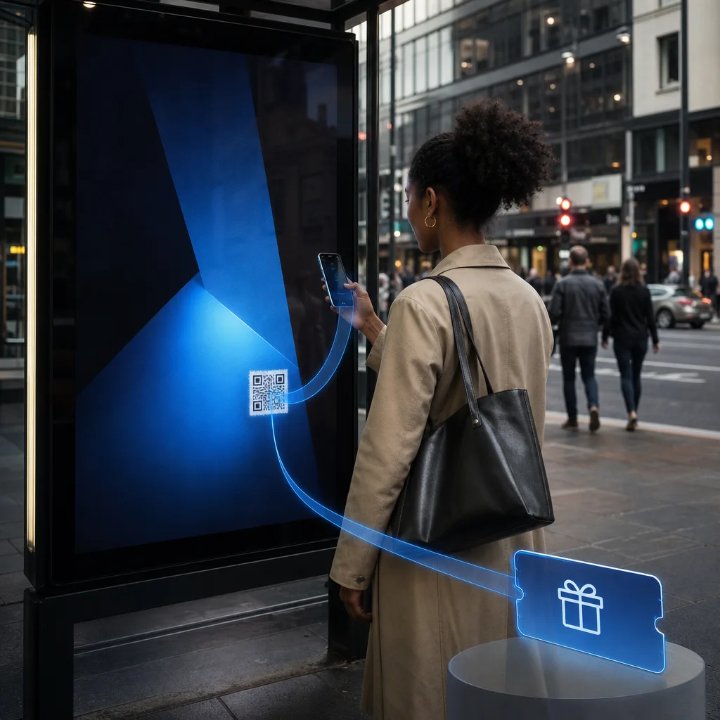 Customer scanning an outdoor advertisement QR code to unlock a digital reward