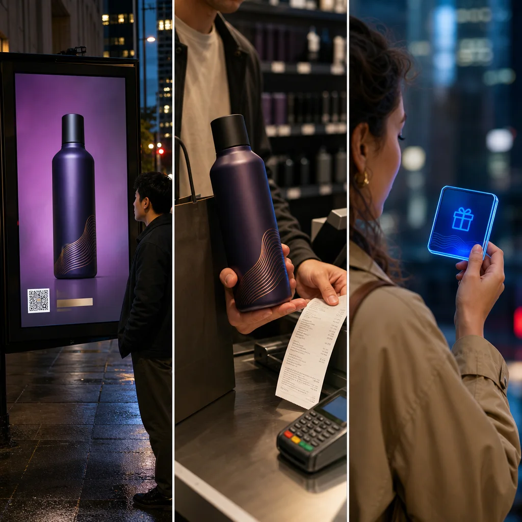 Outdoor product advertisement with a QR code leading to a verified retail purchase