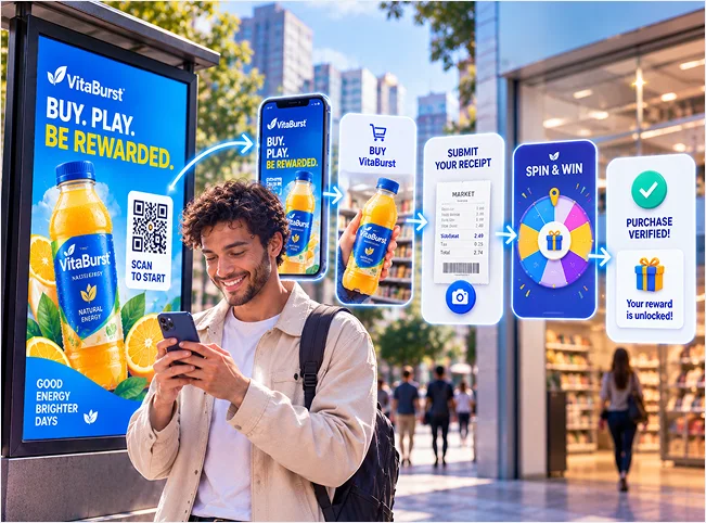 Customer scanning an outdoor drink promotion and completing a receipt-verified mobile reward journey