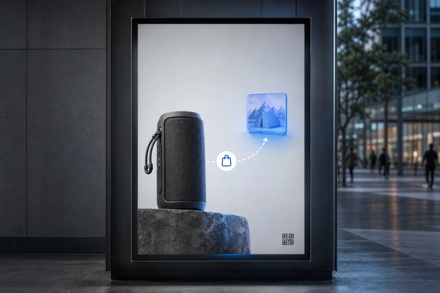 Outdoor advertisement presenting a product, reward and QR code as a reason to buy
