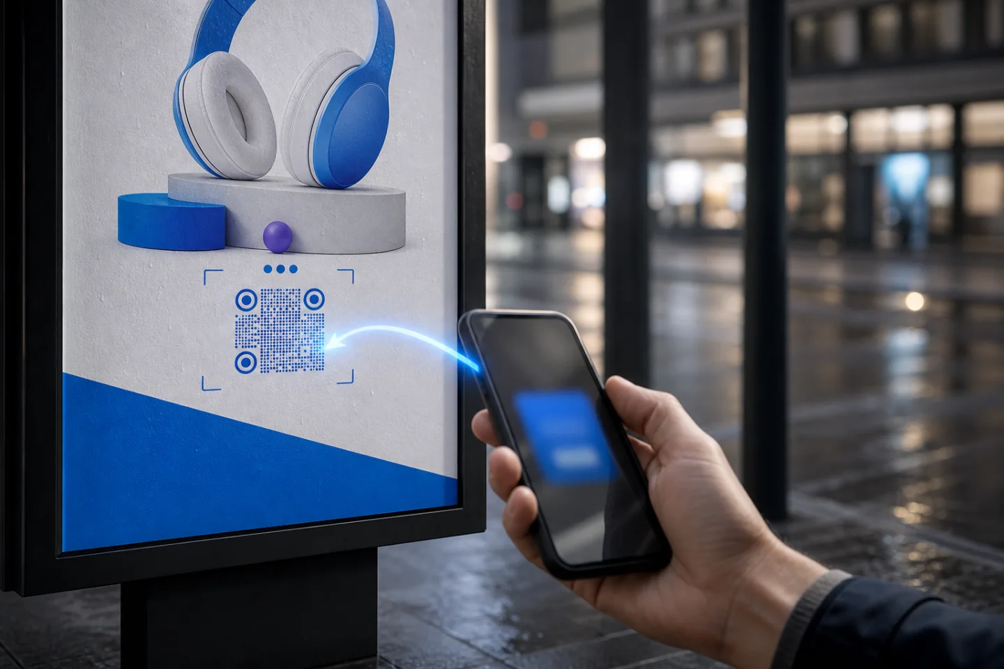 Customer scanning a QR code on an outdoor advertisement with a mobile phone