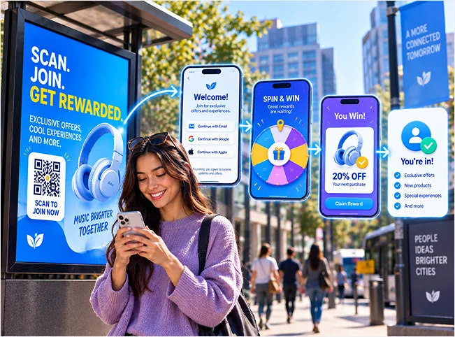 Woman scanning an outdoor advertising QR code before joining a mobile spin-to-win promotion and receiving a reward