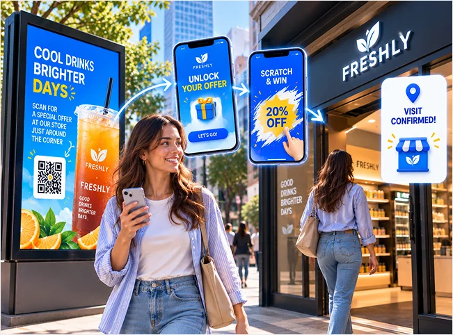 Customer unlocking a mobile offer from outdoor advertising before visiting a nearby store