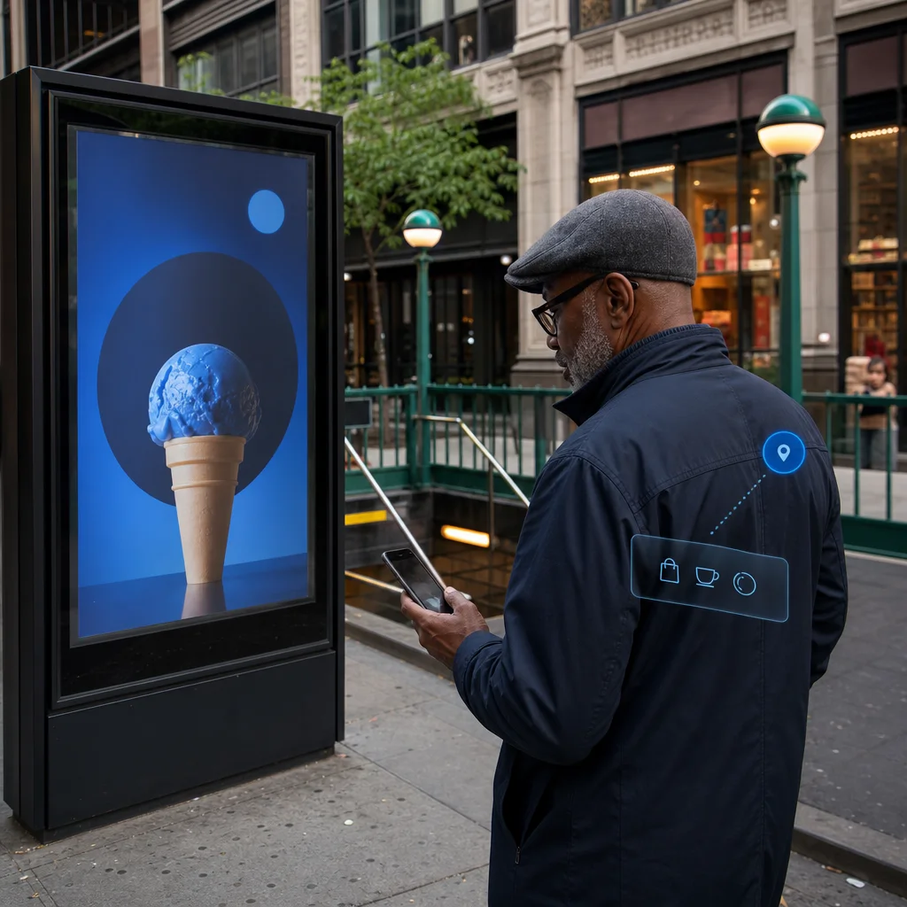 Customer responding to a location-aware outdoor promotion near a local business