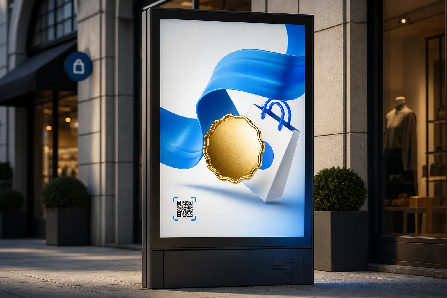 Customer noticing an outdoor advertising campaign outside a nearby store