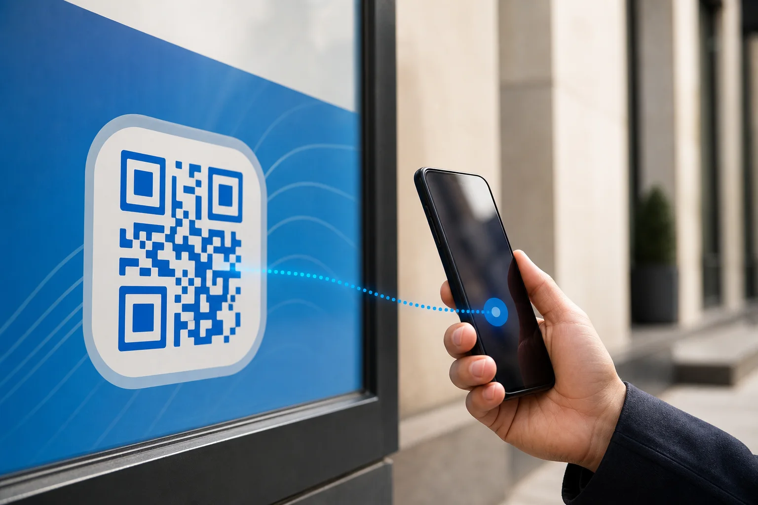 Customer scanning a QR code on an outdoor advertisement with a mobile phone
