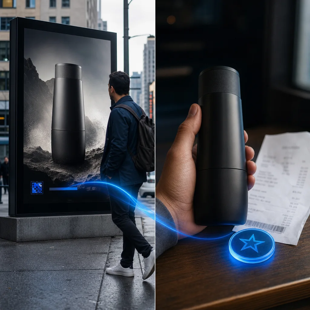 Outdoor product advertisement connected to a verified purchase and reward