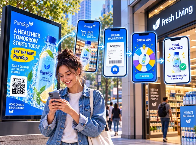 Outdoor product campaign guiding a shopper from QR scan to verified purchase and trial reward
