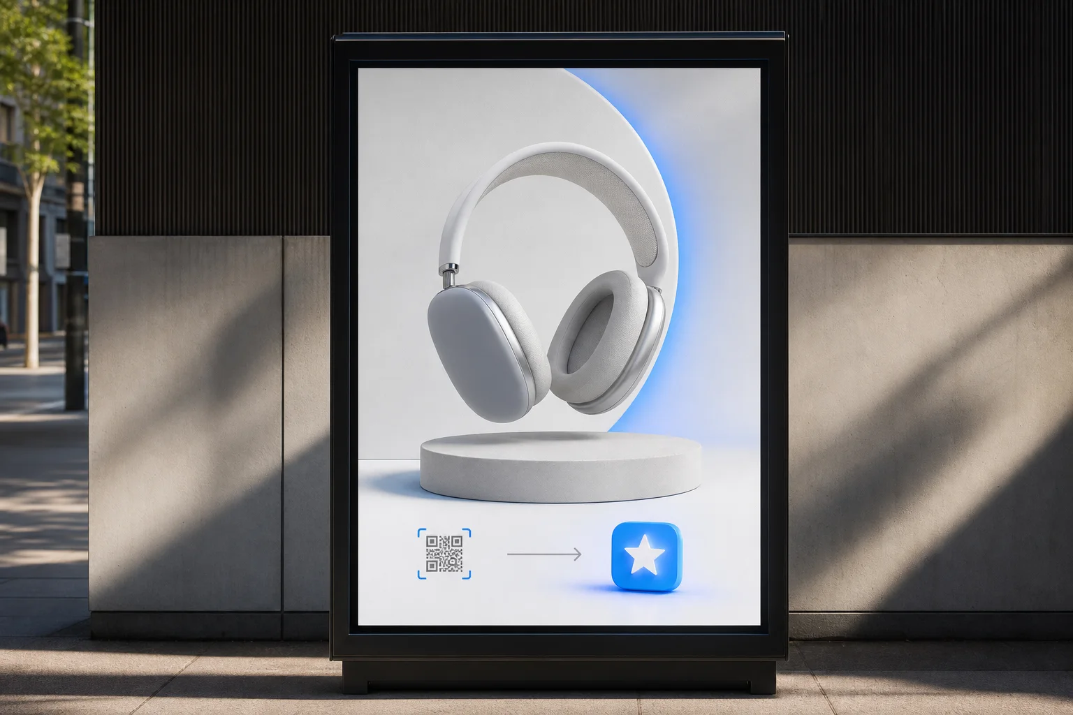 Outdoor product advertisement showing a QR code and reward
