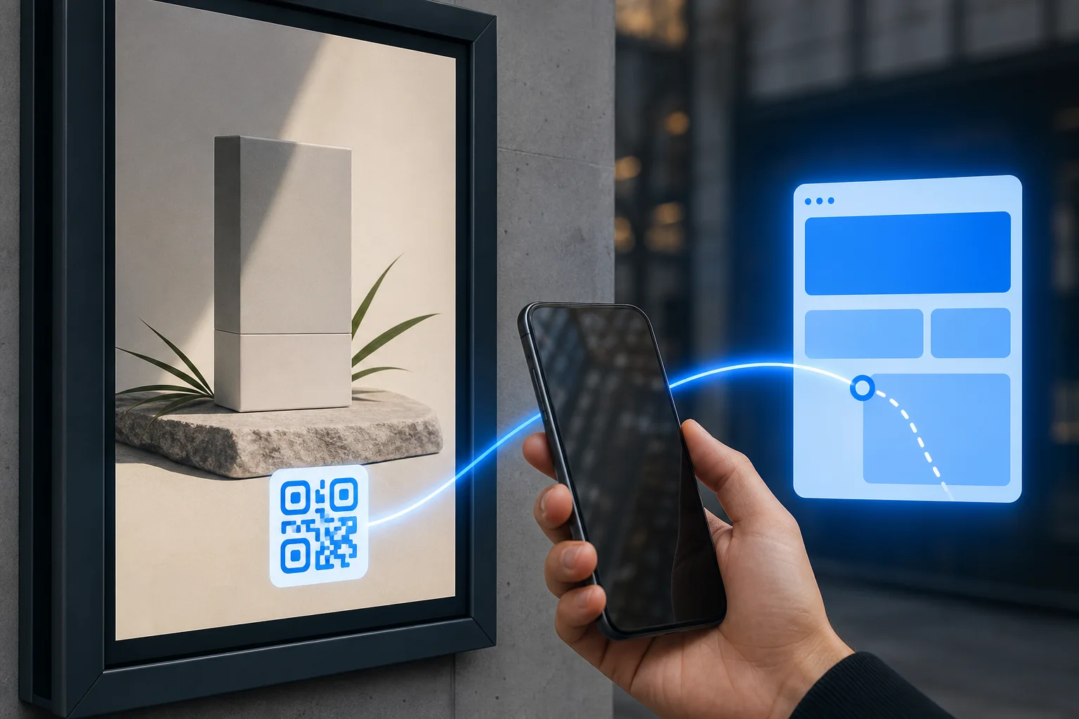 Customer scanning an outdoor product advertisement with a mobile phone
