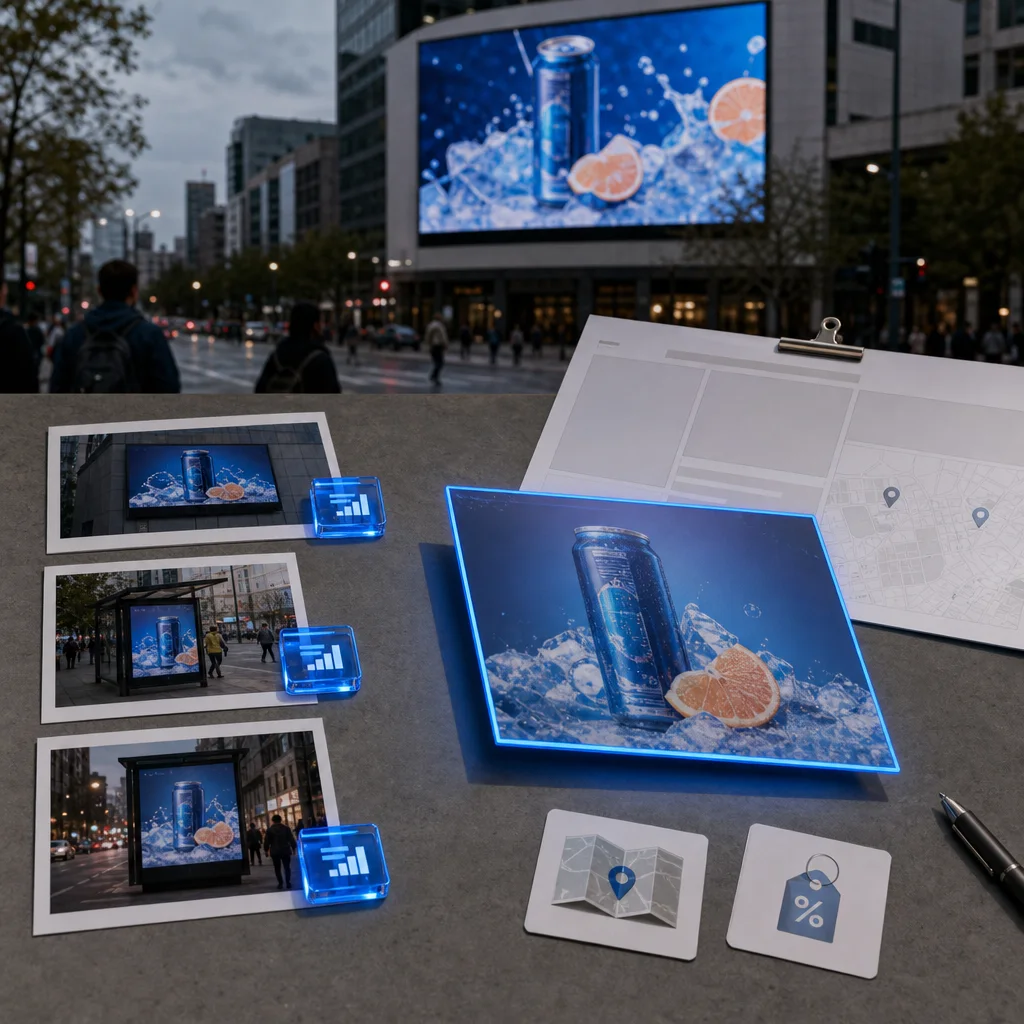 Outdoor campaign creative variants and offer and location response data on a planning desk