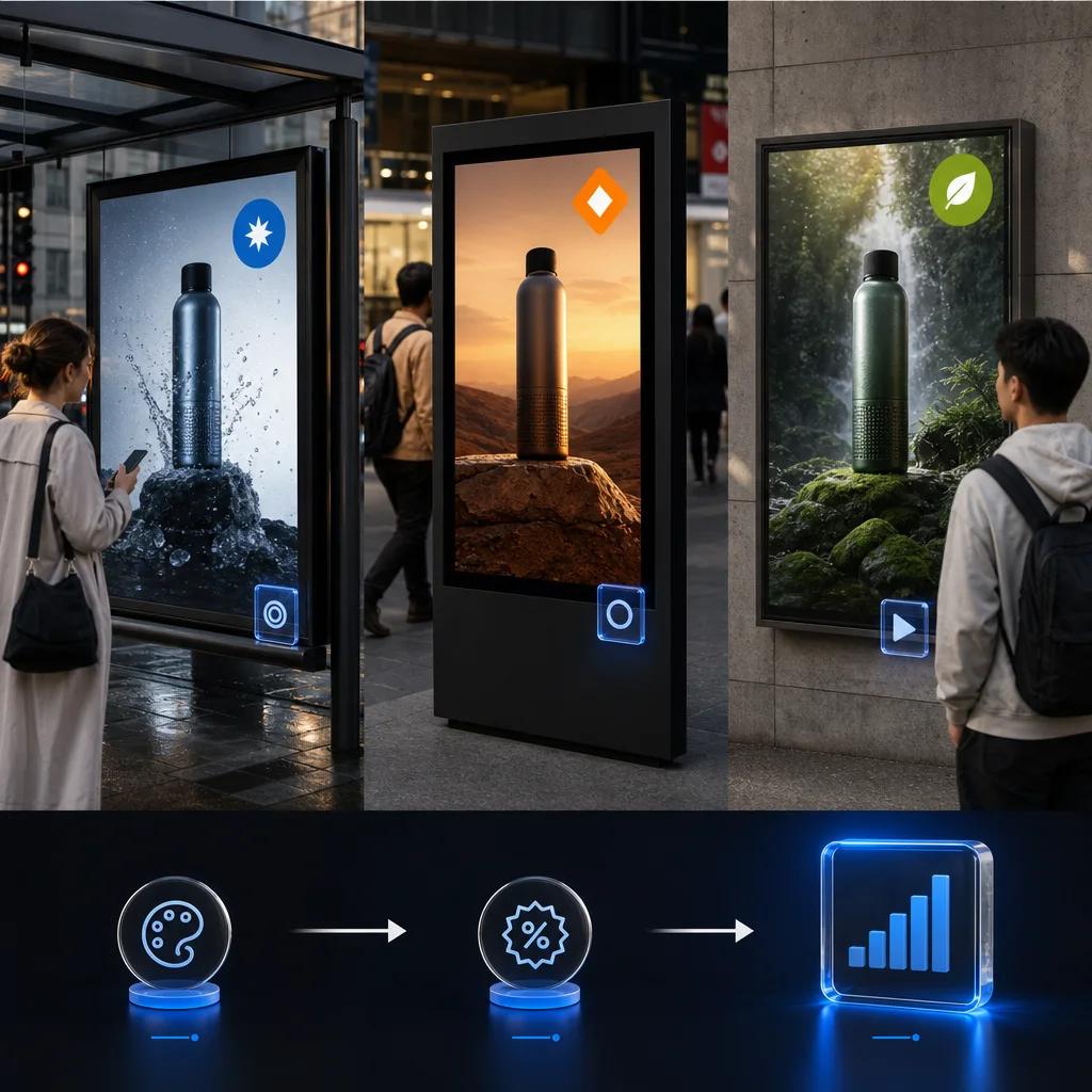 Outdoor advertising creative variants connected to measurable action and performance