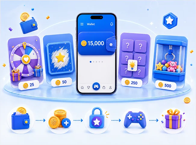 Points-to-play rewards wallet showing game experiences with different points prices and prizes.