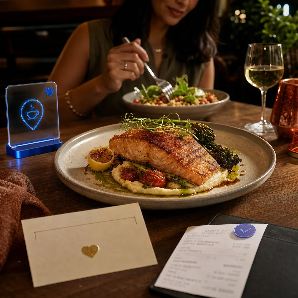 Diner enjoying a featured restaurant dish beside a purchase receipt and reward markers.
