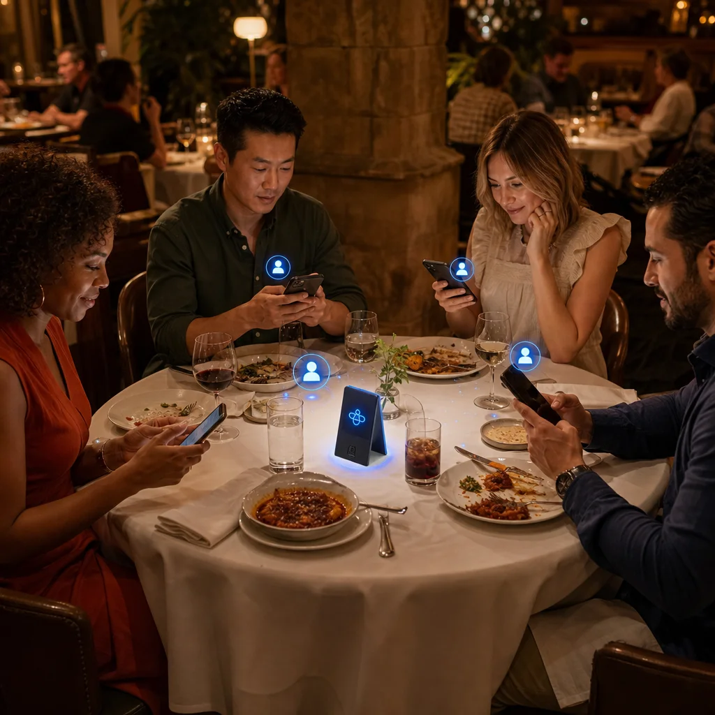 Diners joining a restaurant promotion from their table using their phones.