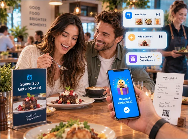 Diners adding dessert to reach a $50 check and unlock a restaurant reward.