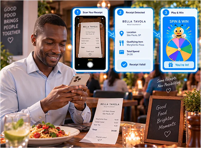 Restaurant guest scanning a receipt to unlock a BeeLiked spin-to-win promotion
