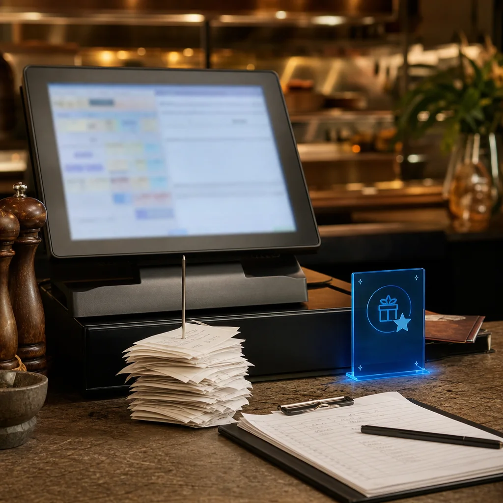 Restaurant POS and receipt stack alongside a BeeLiked reward experience