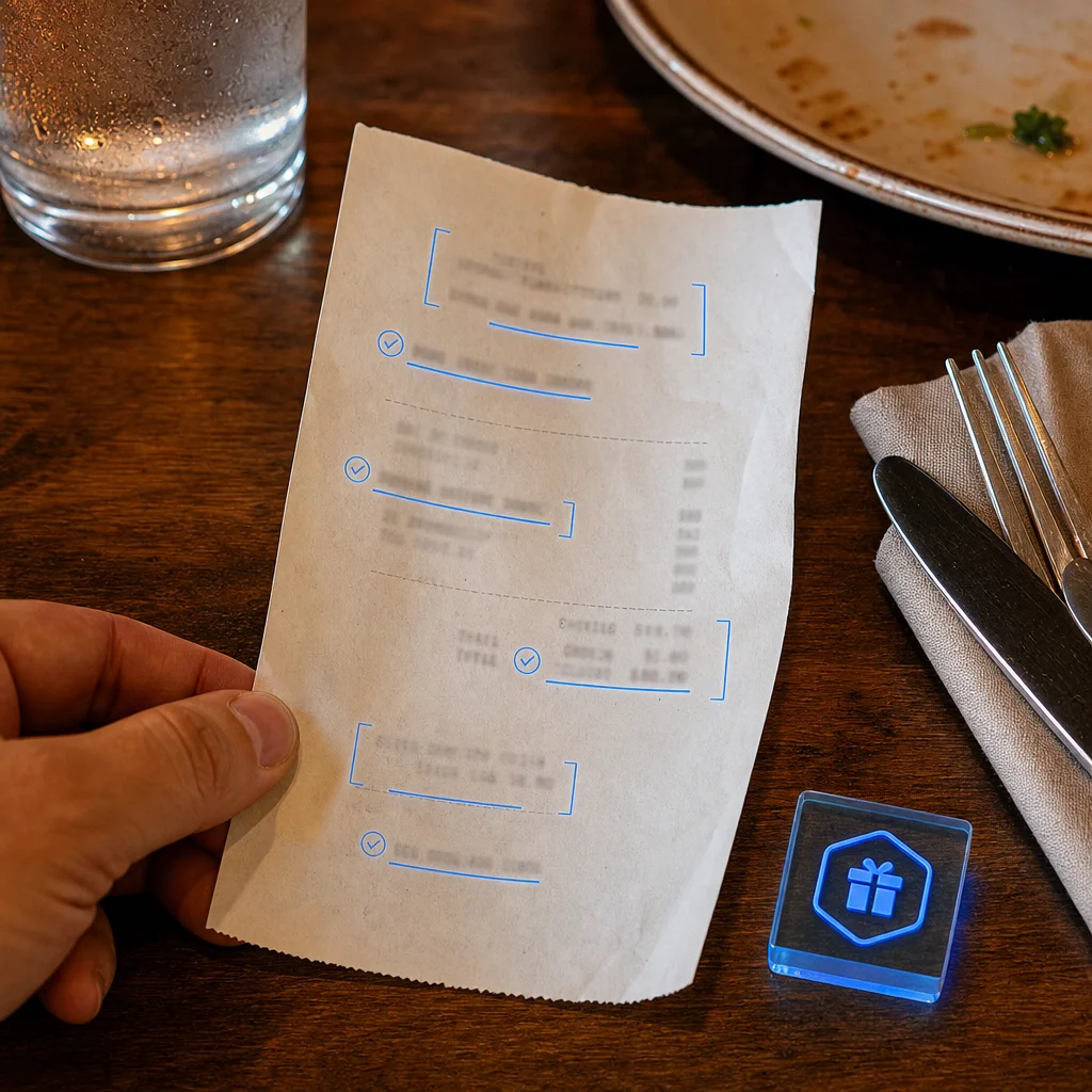 Restaurant receipt with purchase details highlighted for RunnyHoney verification