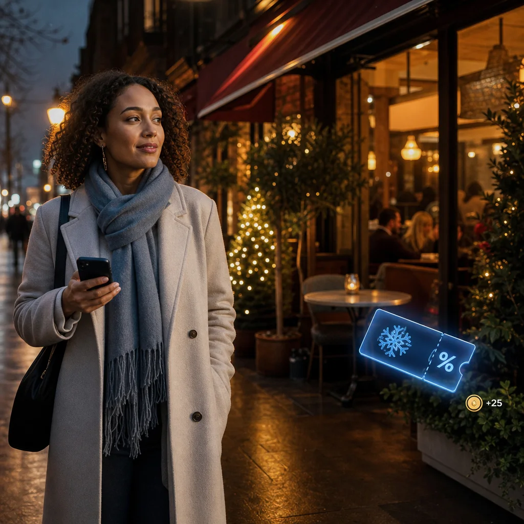 Diner using a phone outside a restaurant decorated for a seasonal promotion.