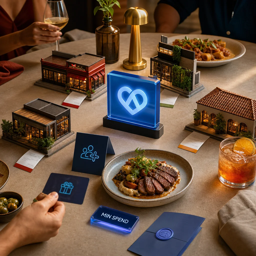 Restaurant table with miniature venues and campaign rewards representing an owned audience.