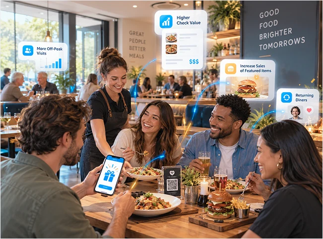 Restaurant diners using a mobile reward experience with higher check value and featured item graphics