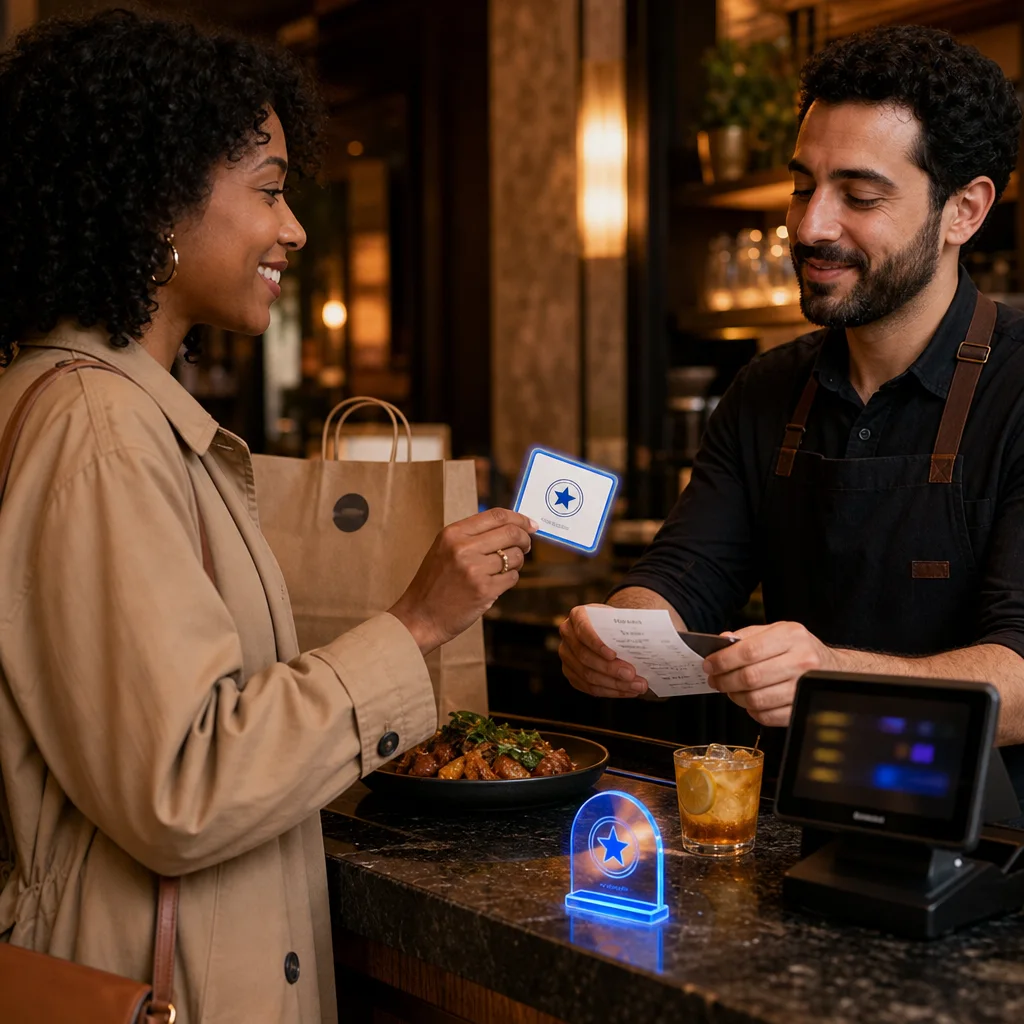 Diner redeeming a unique restaurant offer during an in-person visit