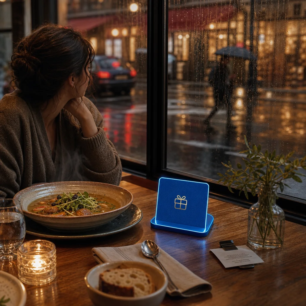Diner engaging with a BeeLiked reward during a quiet restaurant service.