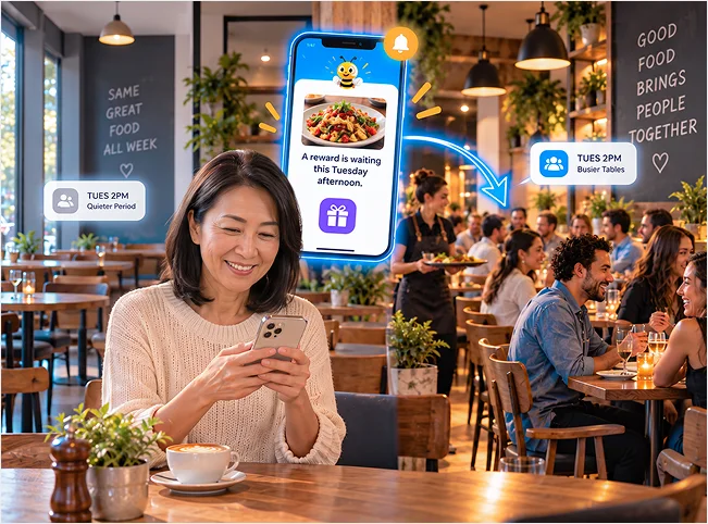 Customer receiving a BeeLiked reward during a quieter restaurant period.