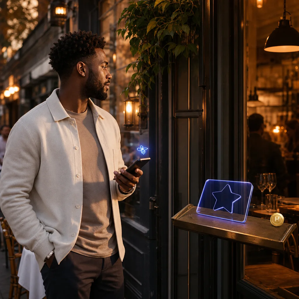 Potential restaurant customer discovering a RunnyHoney reward near a participating venue.