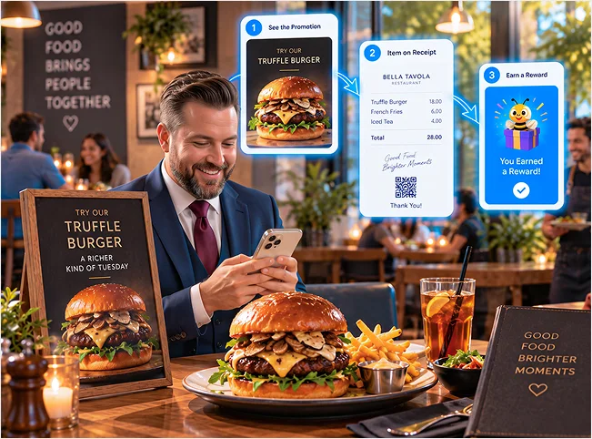 Restaurant guest using a phone beside a promoted truffle burger and a receipt-to-reward journey.